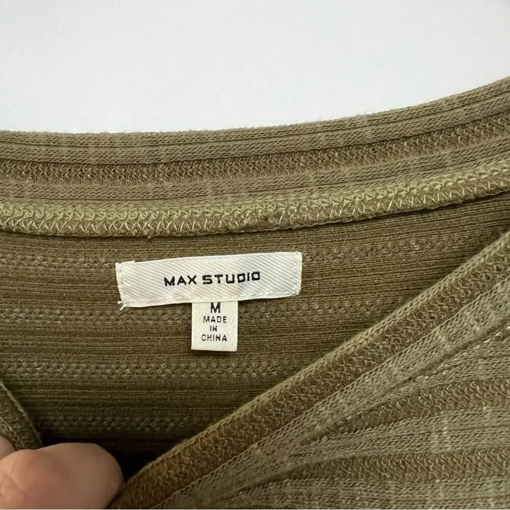 Max Studio Ribbed Short Sleeve Sweater Knit Top Olive Green Loose Fit Medium_6